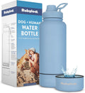 Rubyloo Dog Water Bottle with Detachable Bowl for Dog Lovers, Dusty Blue | 32oz Insulated Stainless Steel Bottle, 8oz Detachable Bowl, Leak-Proof Lid, BPA-Free, Hiking, Walking, Travel, Gift