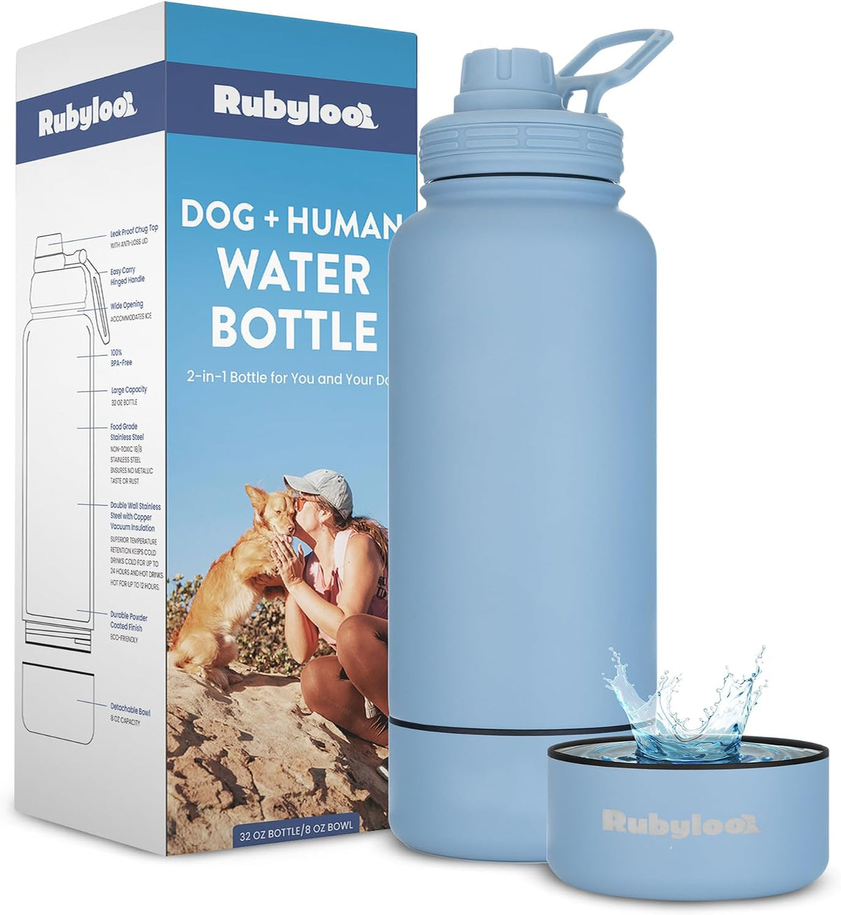 Rubyloo Dog Water Bottle with Detachable Bowl for Dog Lovers, Dusty Blue | 32oz Insulated Stainless Steel Bottle, 8oz Detachable Bowl, Leak-Proof Lid, BPA-Free, Hiking, Walking, Travel, Gift