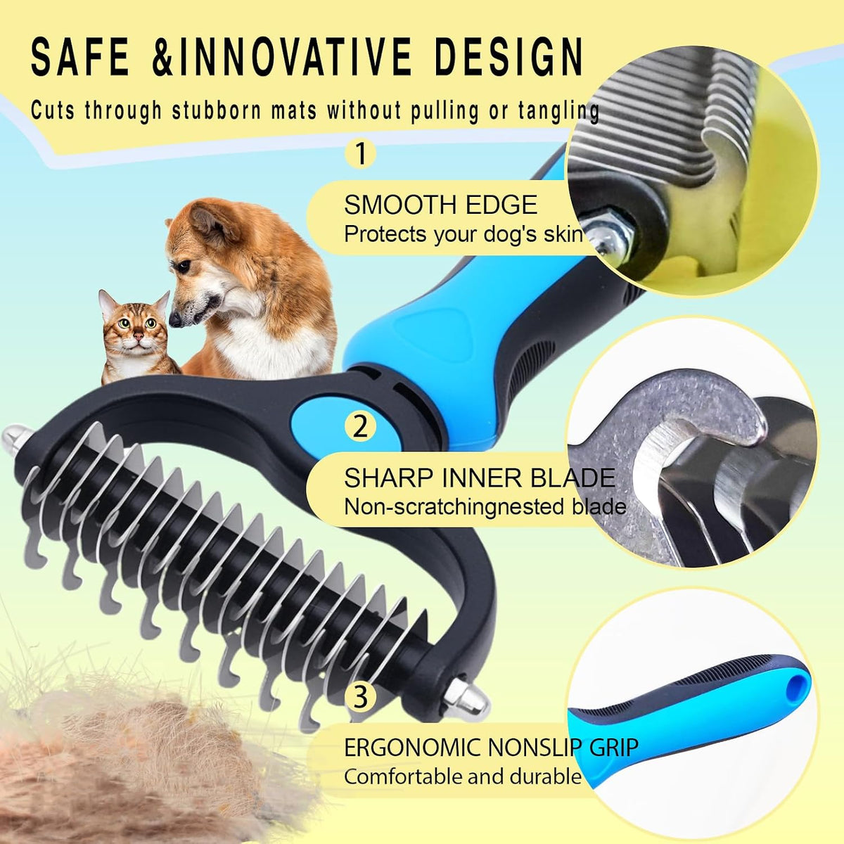 Pet Grooming Rake for Dogs & Cats - Double-Sided Deshedding and Dematting Tool, Gently Remove 95% of Loose Undercoat & Mats for Long-Haired Pets, Painless Fur Brush for Shedding Control (Comb+Nail)