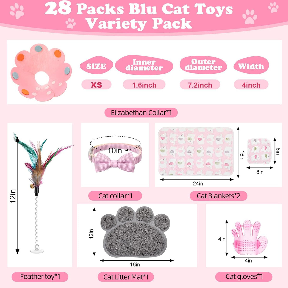 Leitee 28 Pcs Cat Starter Kit with Litter Box Scratcher Toys Bowls, Pink