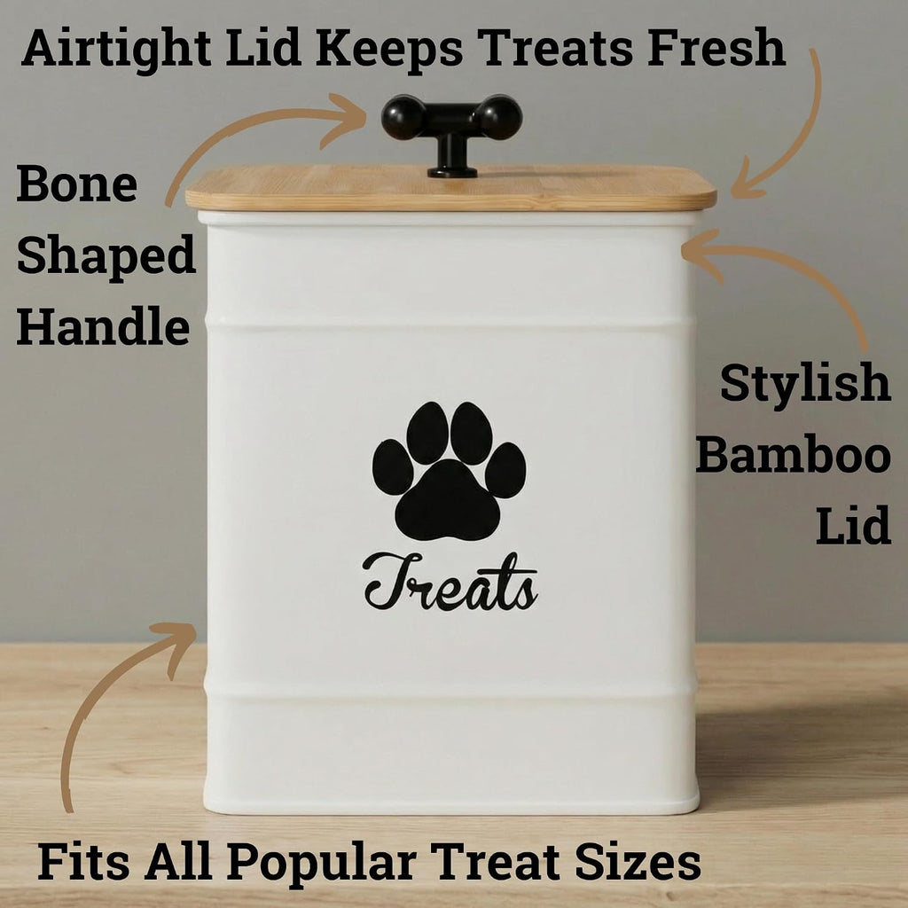 Dog Treat Container Airtight, 6"W x 8"H, Powder Coated, 12 Cup Capacity | Fits All Popular Treats, 12 Cup Capacity, Airtight Bamboo Lid, Easy Open Lid, Dent-Resistant Durable Metal Bone-Shaped Handle