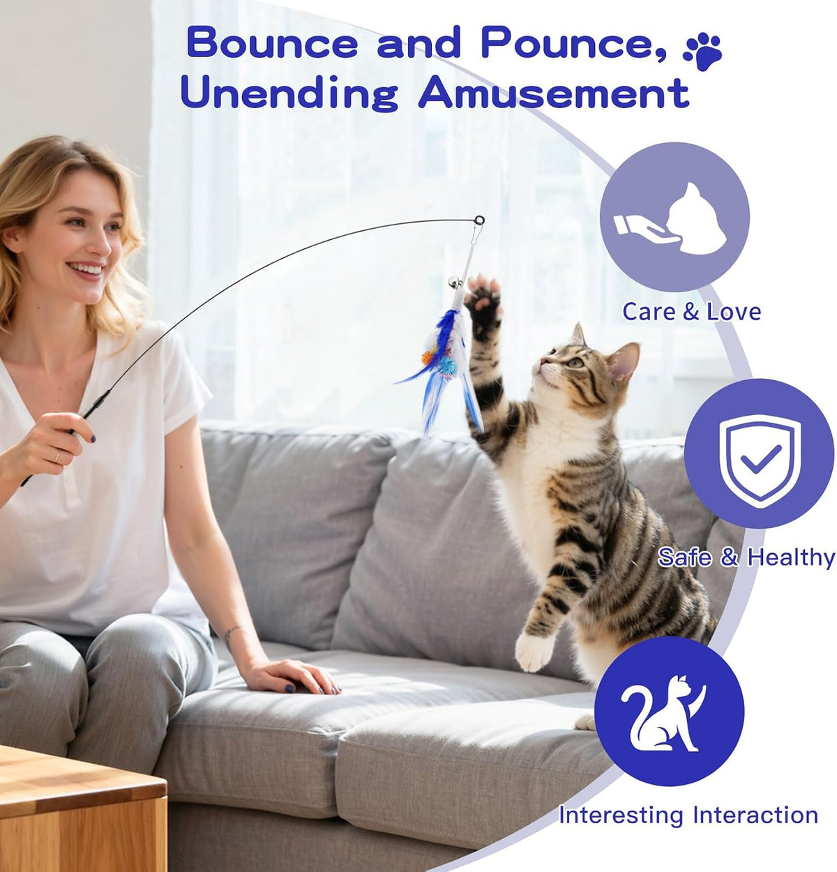 Pawaboo Cat Feather Wand Interactive Toy, 2 Feathers + 1 Wand with Bell | Cat Feather Teaser Toys Flying Catcher Extra Long 34.5" Wand Exerciser Playing Chase Cat Toy Wands for Kitten, Blue