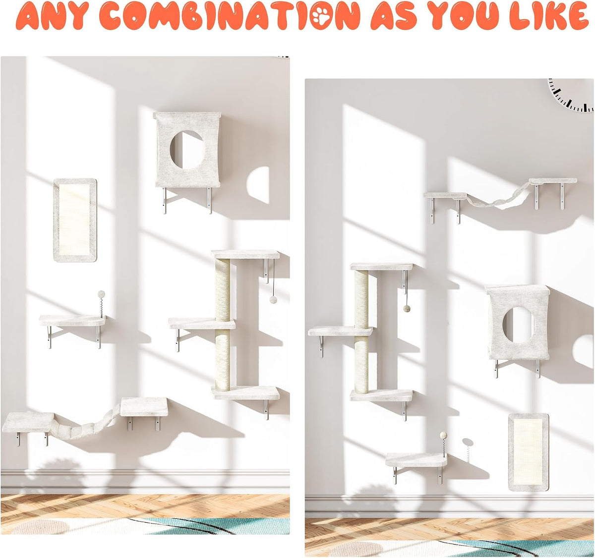 Cat Wall Shelves Set, 5 Pcs Wall-Mounted Cat Shelves, Beige