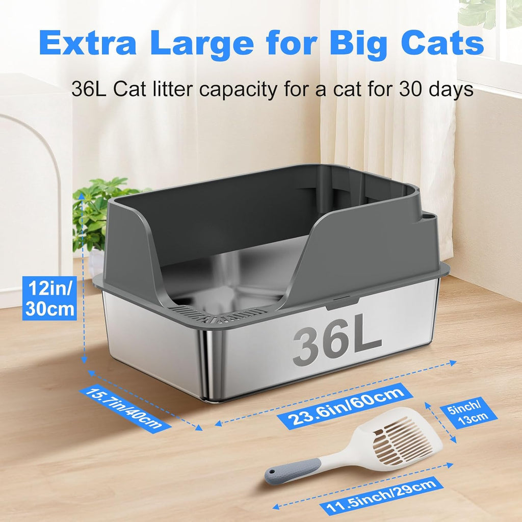 Non-Stick Stainless Steel Litter Box, XL Side Open Splash-Proof&Leak-Proof | Seamless Seal, Ellenpent Large Capacity, Cat Litter Box with Lid for Multi-Cats, Large Cats, Easy-Clean & Durable (Gray)