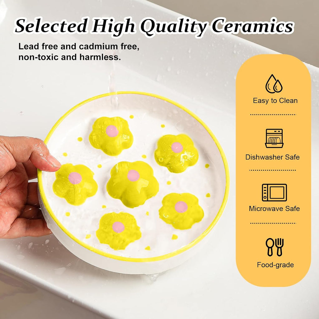 Ceramic Cat Slow Feeder Bowl - 6 OZ Puzzle Food Dish for Healthy Eating - Shallow Wide Whisker Friendly - Dishwasher Safe - 6.3''W x 1.2''H - 6 OZ - Yellow Flowers