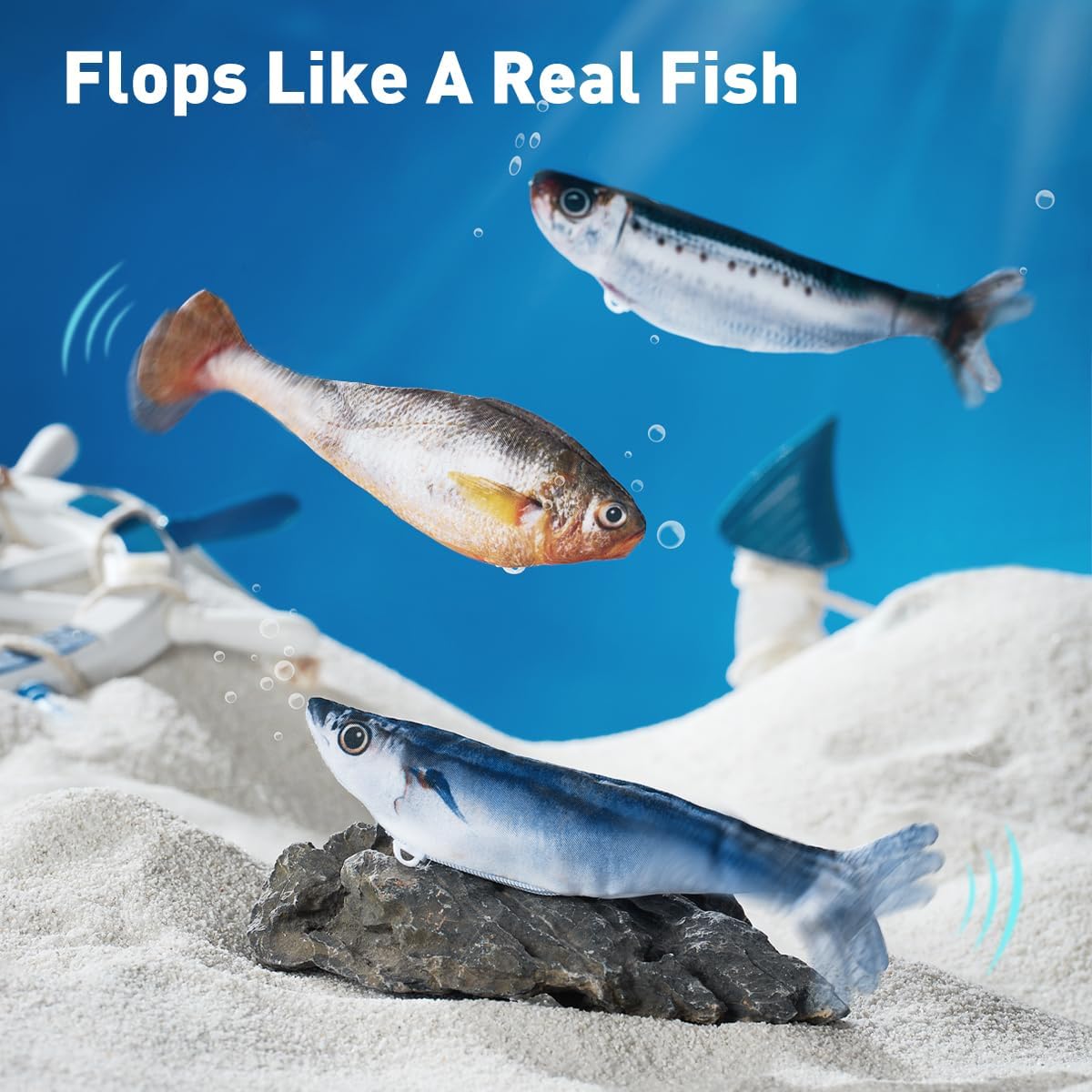 Petgravity Bite-Sized Realistic Flopping Fish Cat Toys, 3 Pack, Interactive Cat Toys for All Breeds, Tap-Activated 3 Flapping Mode, Sardine/Saury/Yellow Croaker, 7.1 Inches, with Catnip, Rechargeable
