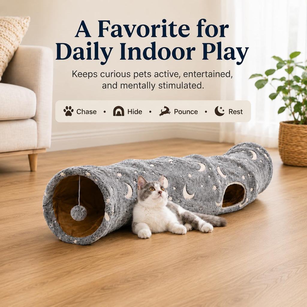 Cat Tunnel Tube with Plush Ball Toys Collapsible Self-Luminous Photoluminescence, for Small Pets Bunny Rabbits, Kittens, Ferrets,Puppy and Dogs Grey Moon Star (S-Shape)
