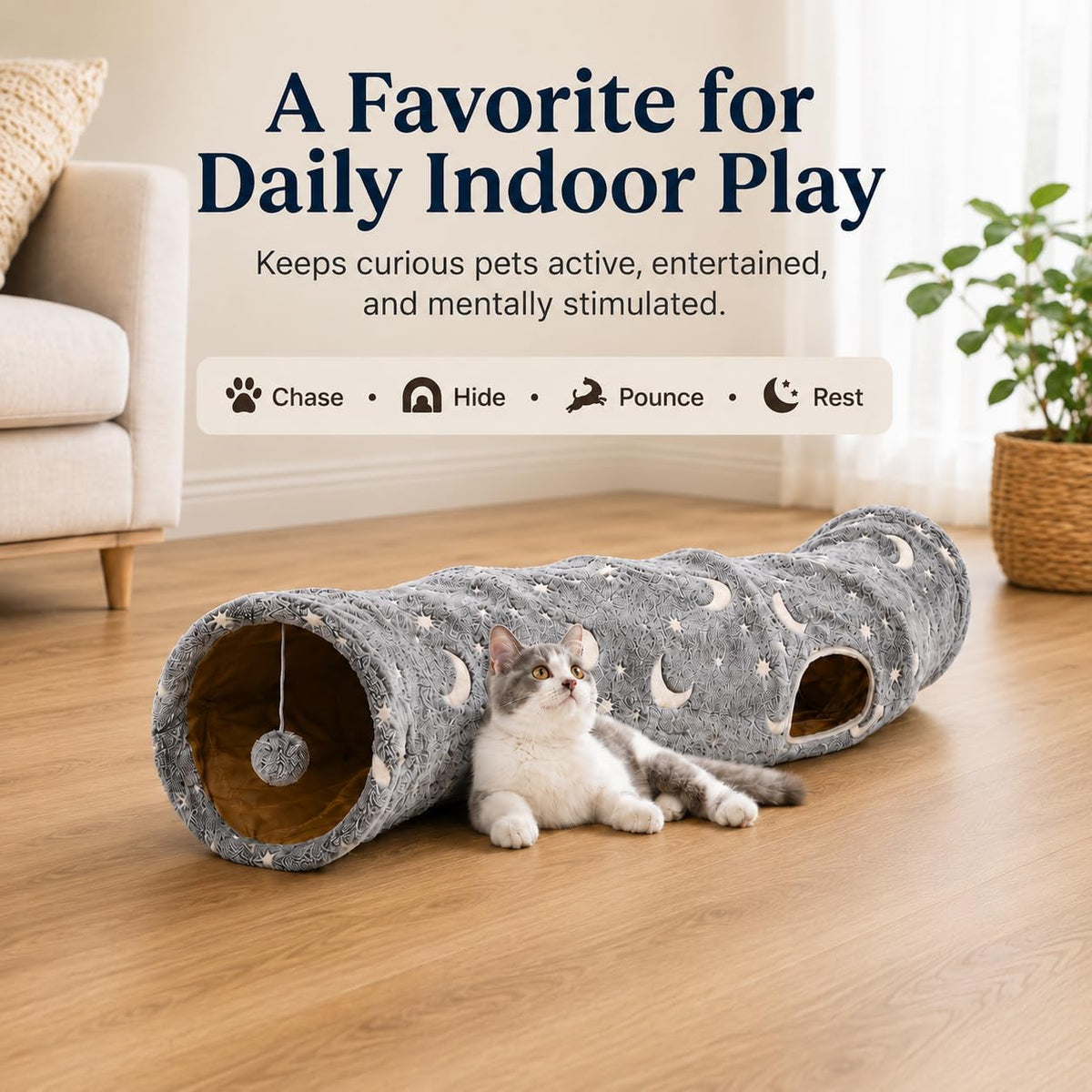 Cat Tunnel Tube with Plush Ball Toys Collapsible Self-Luminous Photoluminescence, for Small Pets Bunny Rabbits, Kittens, Ferrets,Puppy and Dogs Grey Moon Star (S-Shape)