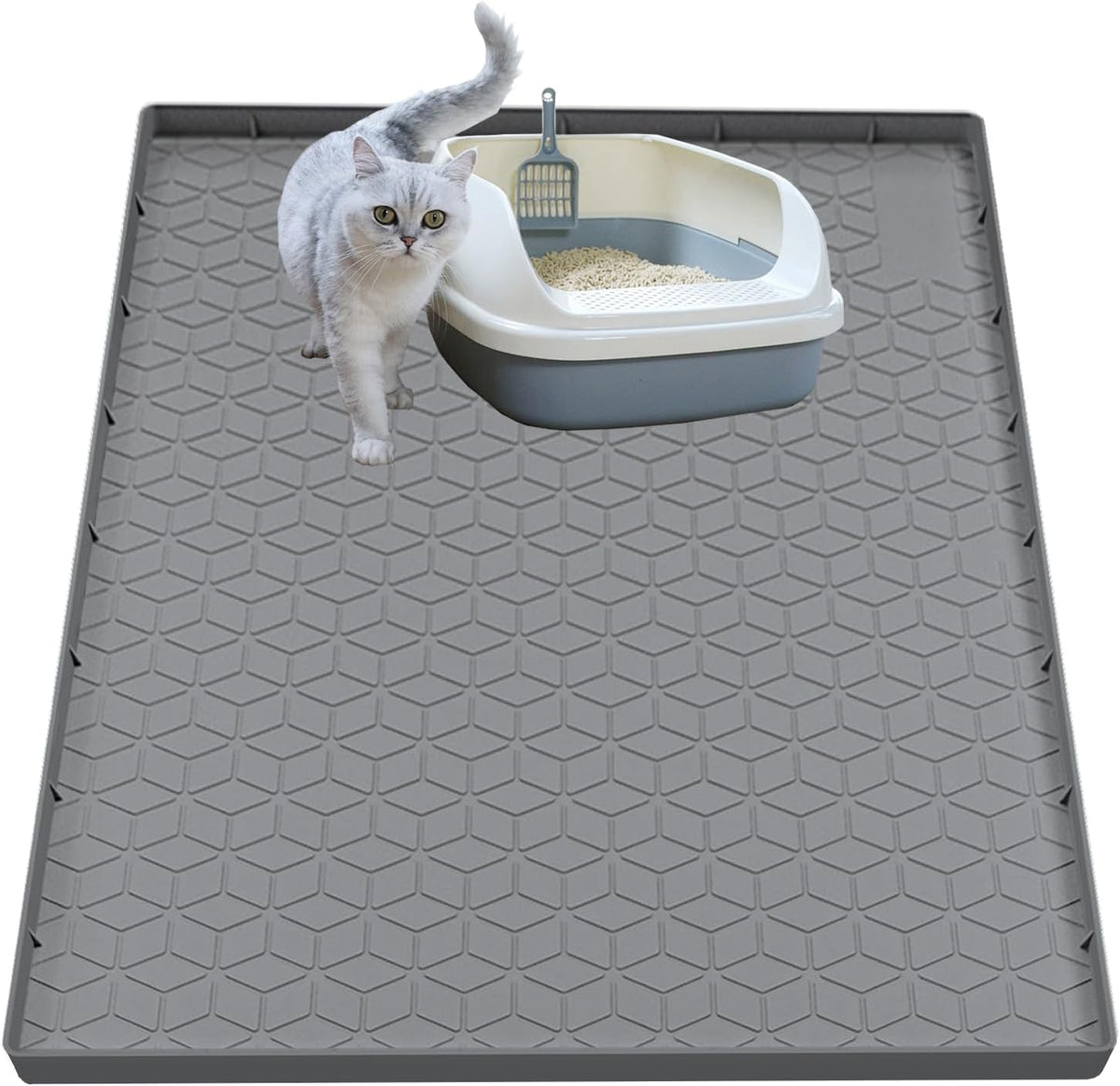Cat Litter Mat for Litter Box, Silicone Large Cat Litter Trapping Mat - 34x22 in, Waterproof & Non-Slip, Durable & Easy Clean, Gray