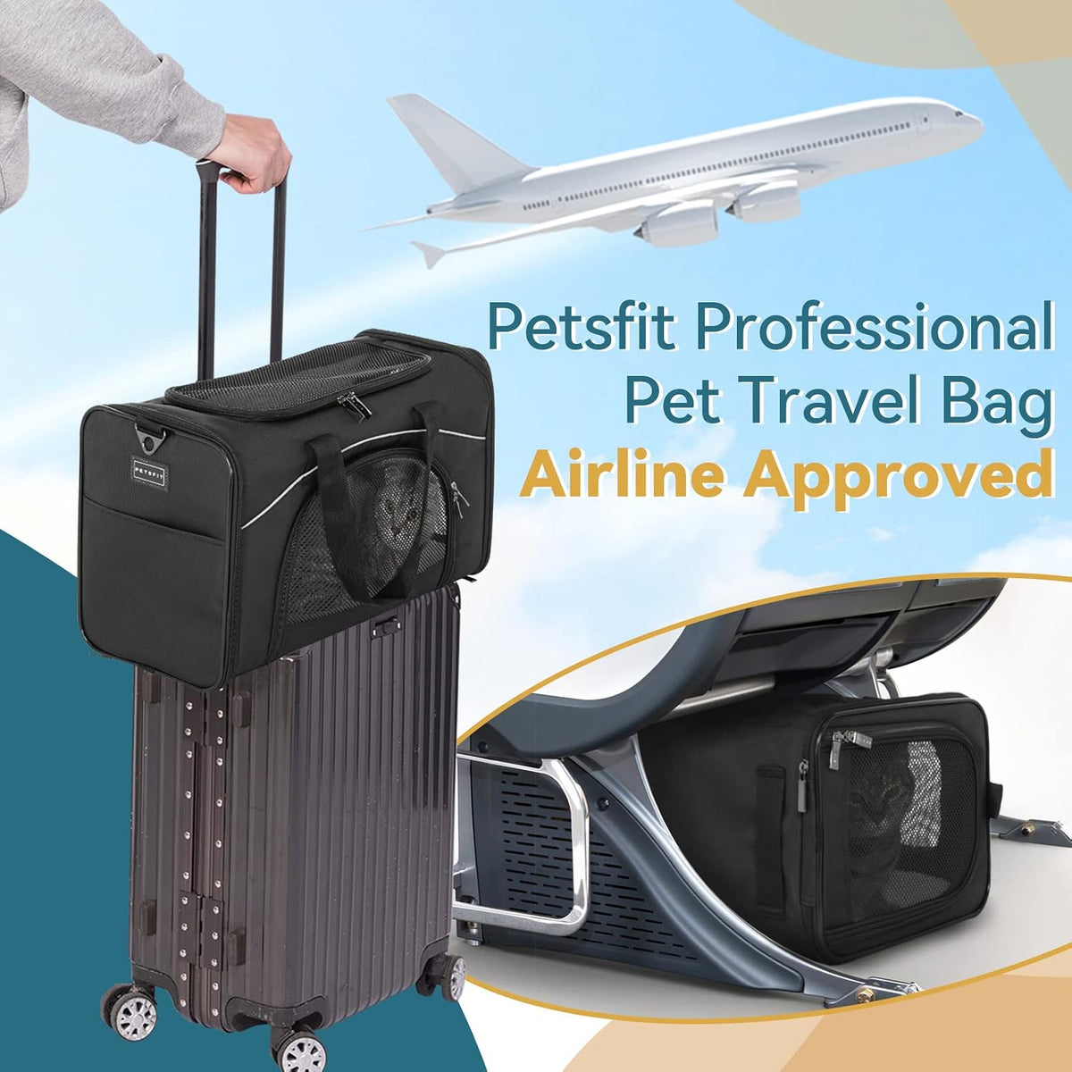 Petsfit Two-Way Placement Pet Carrier Airline Approved, Cat Carriers for Kittens, Puppies,Rabbit,Hamsters, Washable,Black