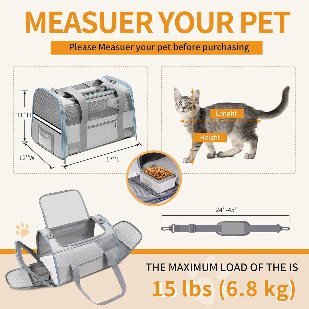 17" Soft Cat Carrier with Shoulder Strap for Travell, Light Grey