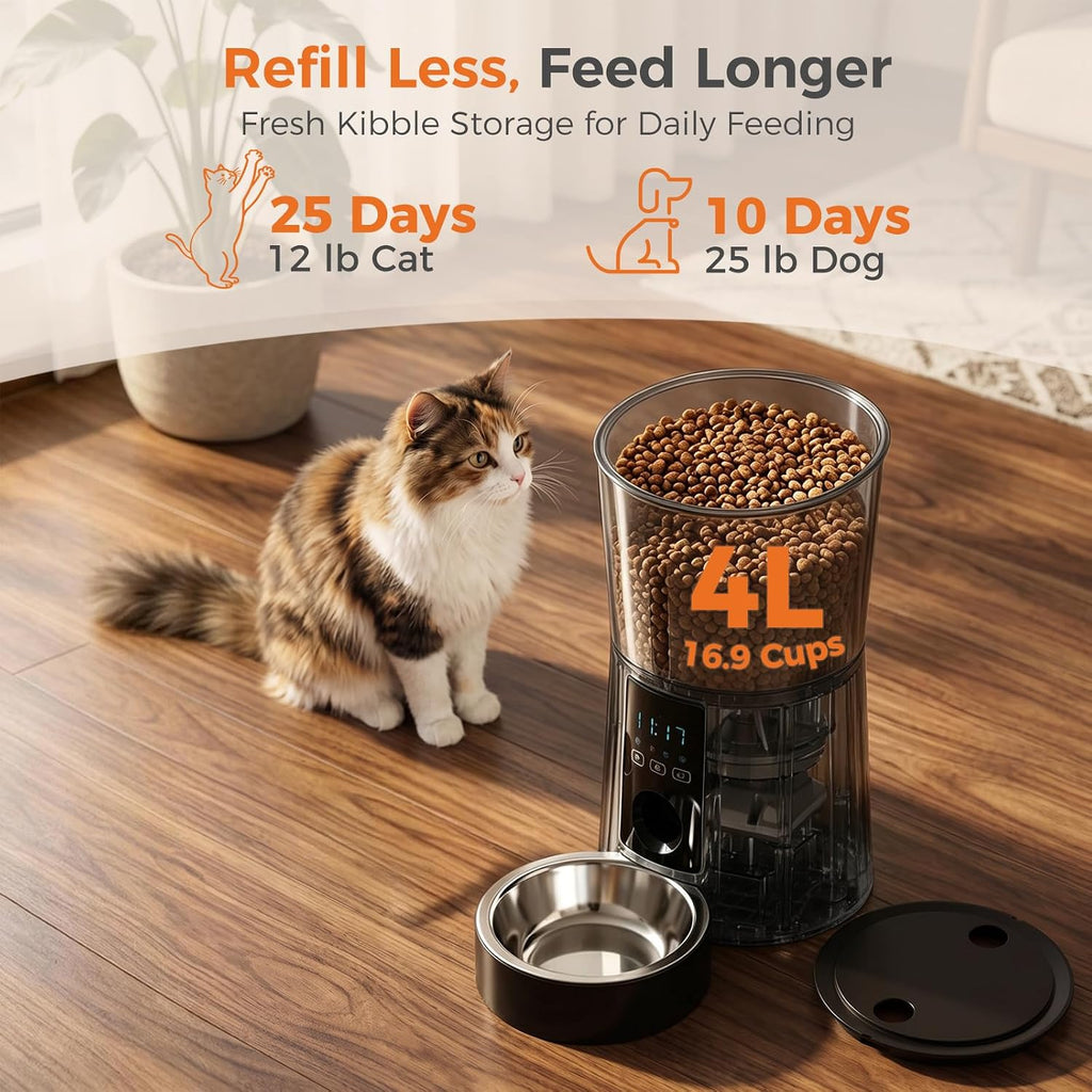 Sweetcrispy Automatic Cat Feeder, 4L Cat Food Dispenser with APP - Black