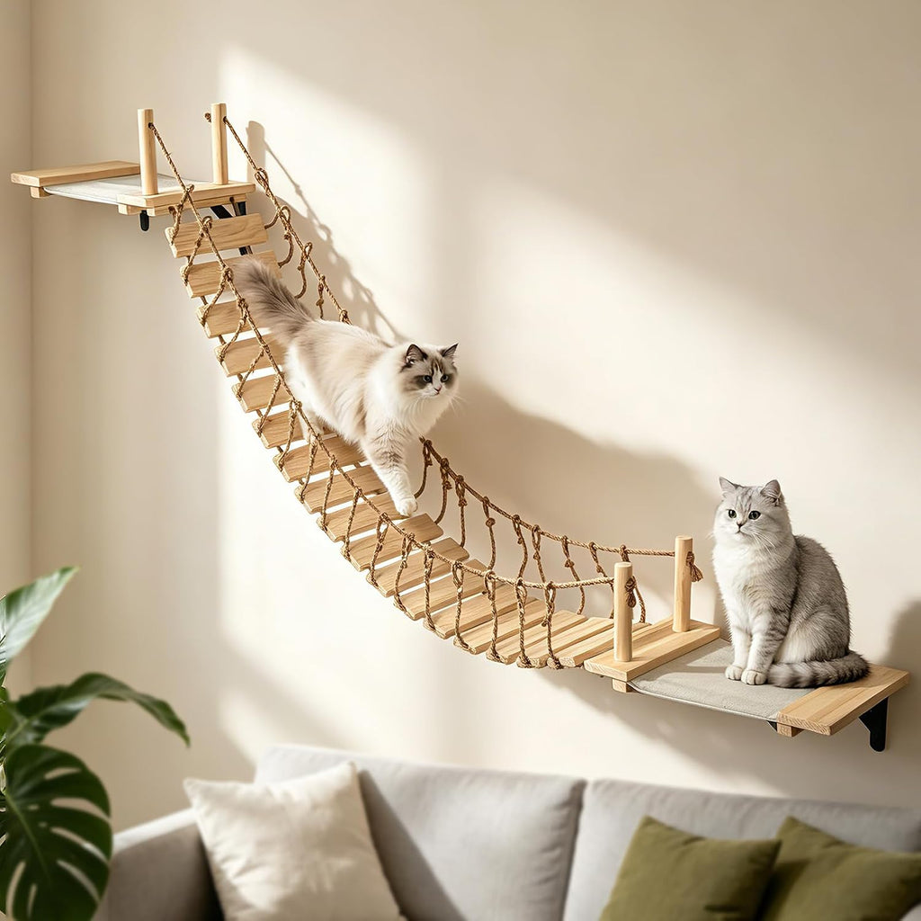 Cat Wall Shelves, Wall Mounted Cat Climber Set, 70" Cat Bridge Hammock Tree with Mounted Perch & Cloud Shelf for Cats Climb, Jump (H01)