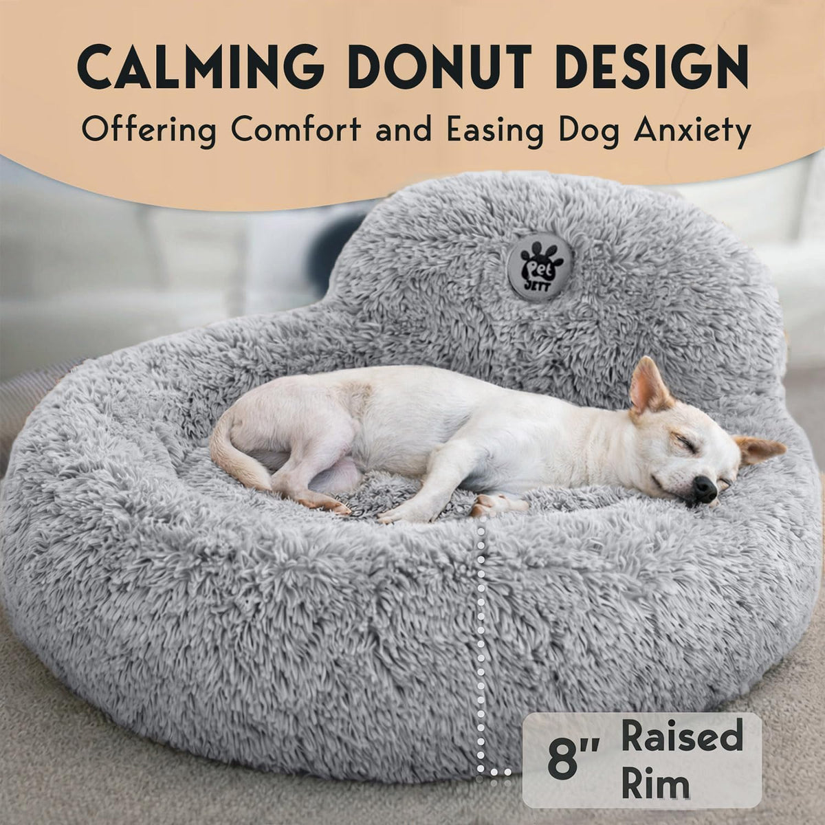 PetJett Calming Dog Bed Medium Size Dog - 30'' Donut Bed, Washable Dog Bed - Anti-Slip Super Soft Fluffy Plush Round Bed, Anti-Anxiety Premium Comfort Pet Bed, Fits Dogs up to 45 lbs - Bright Grey