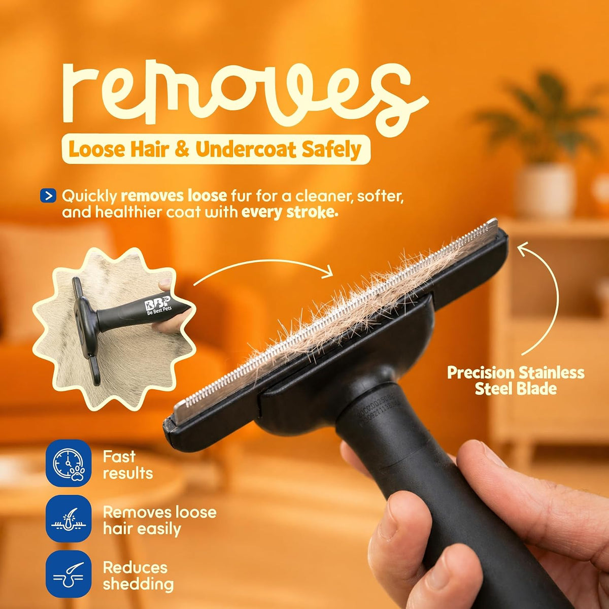 Be Best Pets Deshedding Brush for Dogs & Cats - Pet Undercoat Rake Tool | Professional Grooming Tool, Removes Loose Fur, For Thick Double Coats, Heavy Shedding, All Breeds 