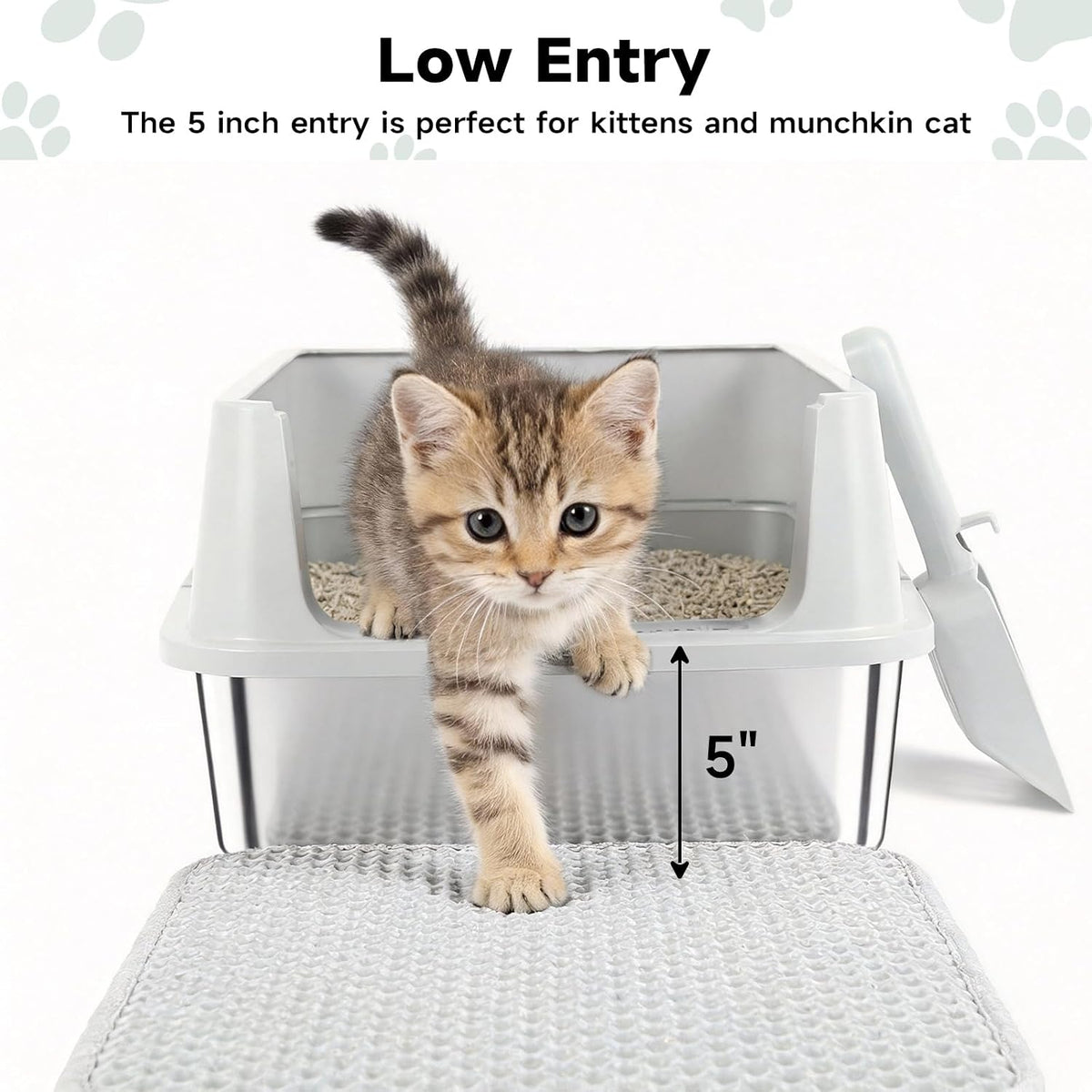 TENTIZON Stainless Steel Cat Litter Box for Kittens and Medium Cats, Open Top Metal Kitty Small Litter Box with High Sides Lid, Litter Mat, Scoop, No Odor, No Mess, Leak Proof, Easy Clean