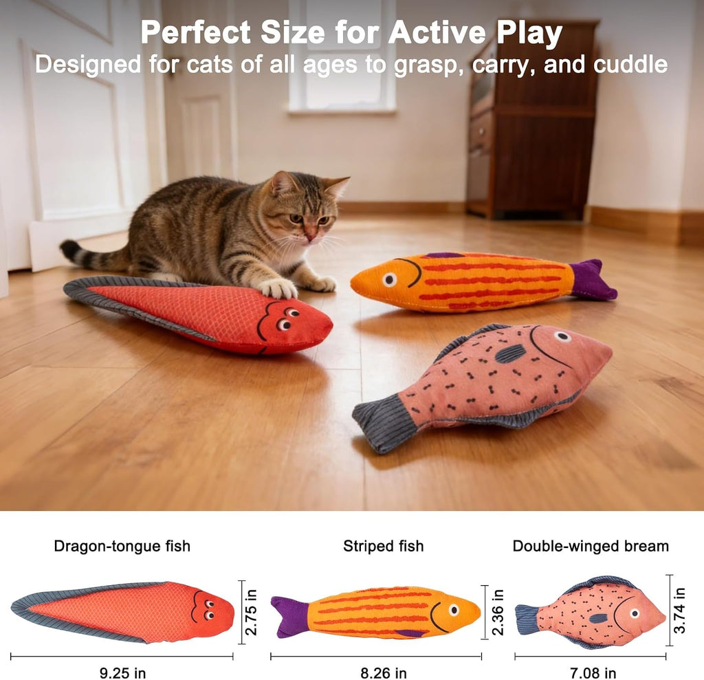 Catnip Fish Toys for Cats - 3 Pack 7.48 Inch Interactive Cat Toys with Crinkle & Bell Sounds, 4500mg Premium Natural Catnip, Durable Linen Kicker Toys for Indoor Cats & Kittens