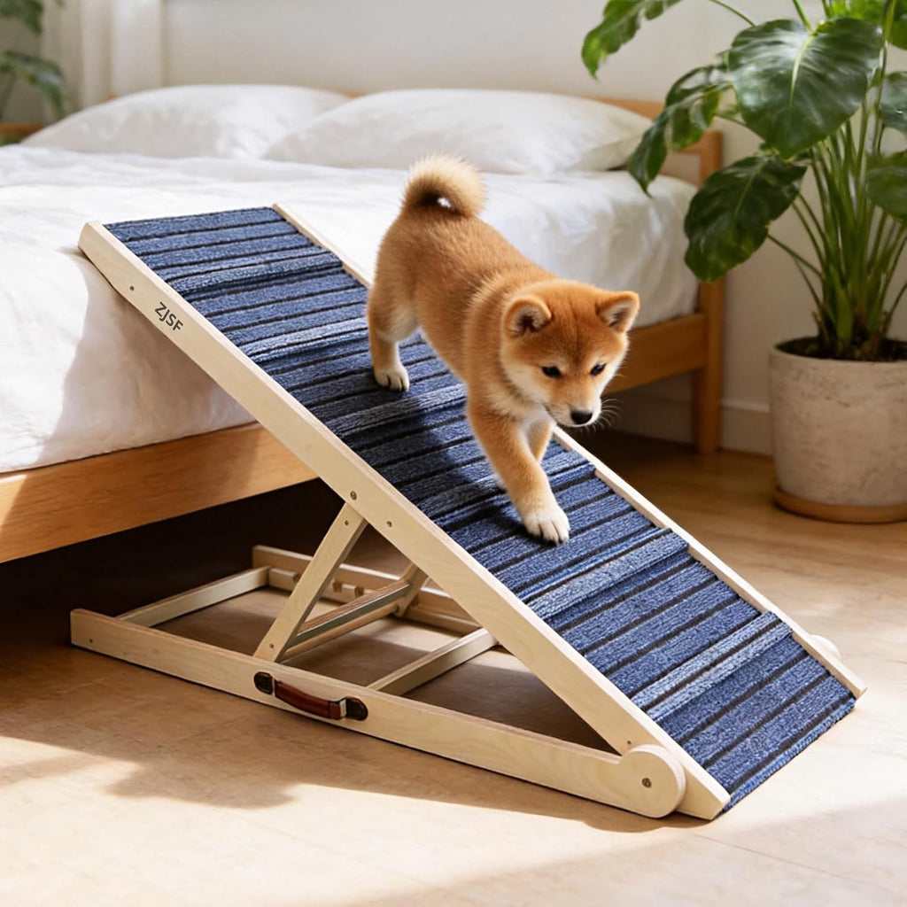 ZJSF Foldable Dog Ramp for High Bed, Wooden Dog Stairs to Bed for Small and Large Dogs, High Traction Platform with 6 Adjustable Heights (13.5"-30"), 48" L, Supports up to 220 lbs