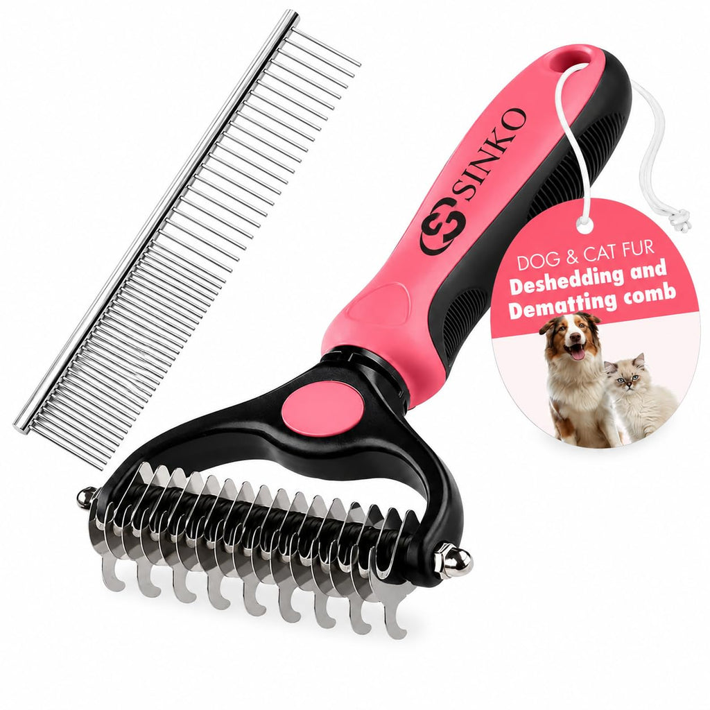 Sinko Shedding Brush for Dog and Cat, Undercoat Rake & Comb with Extra-Wide Double-Sided Stainless Steel Teeth for Deshedding, Brushing, Removing Loose Fur, Knots, Mats & Tangles in Pets (pink)