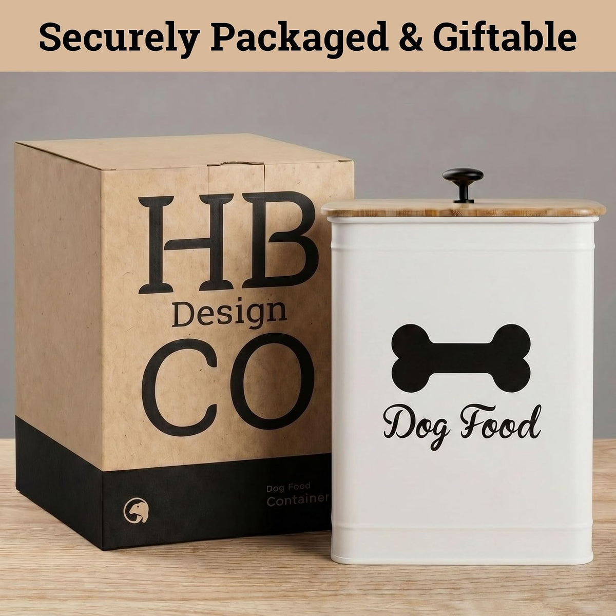 Metal Dog Food Container 5-7lb, 25 Cup w/ Airtight Bamboo Lid, Metal Handle