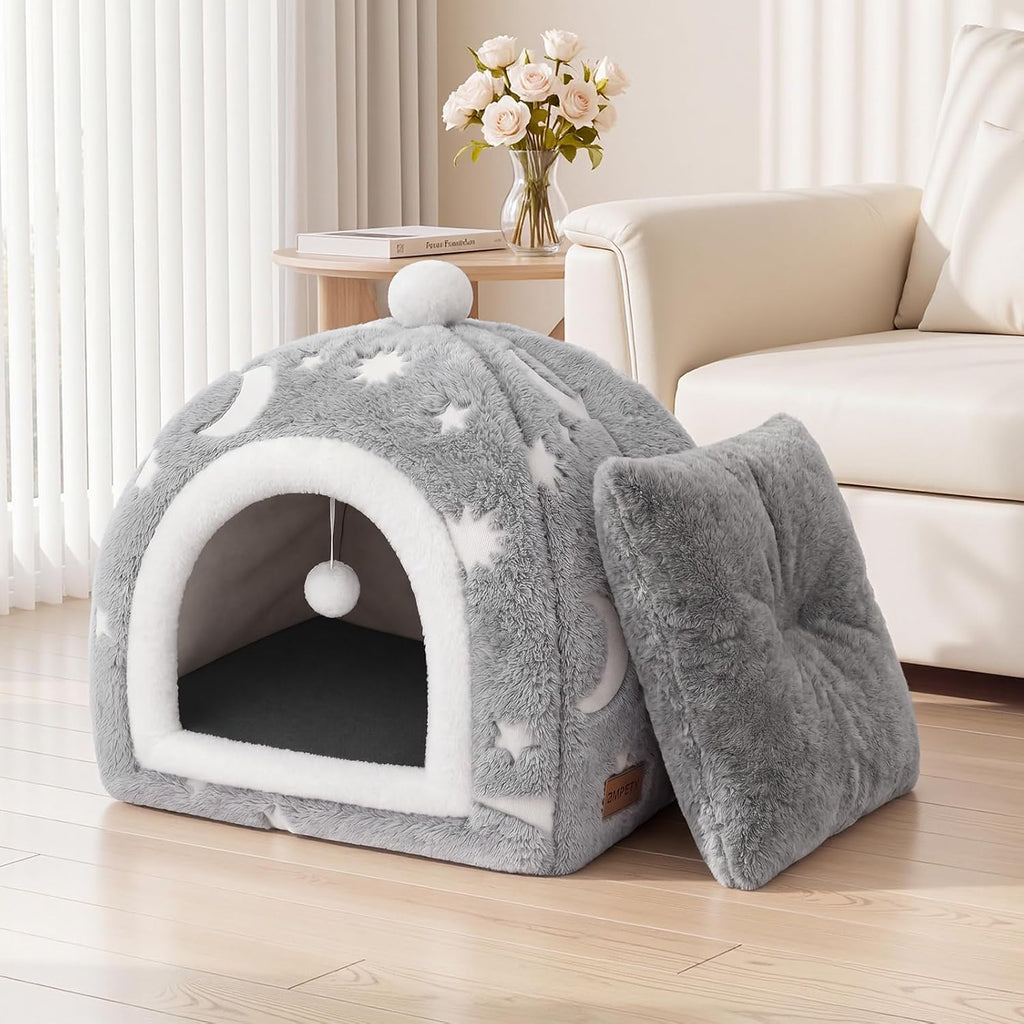 Glow in the Dark Cat Cave Bed, 2-in-1 Foldable Indoor Cat Tent Cat House