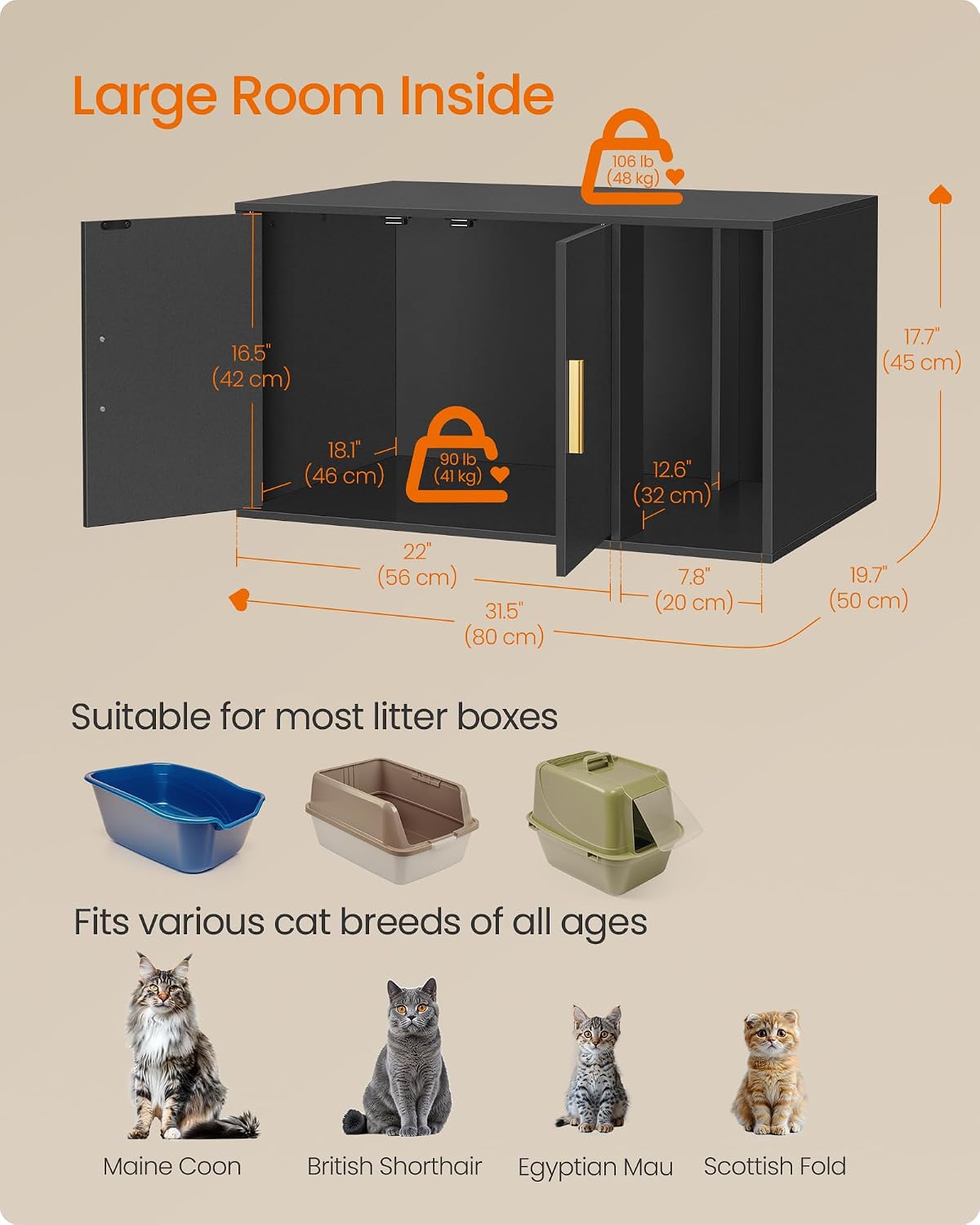 Feandrea Cat Litter Box Enclosure, Double Doors, 31.5 x 19.7 x 17.7 Inches | Modern Hidden Litter Box Furniture, Indoor Pet House, Side End Table, Ink Black, CUSTOS Collection UPCL020BC01S