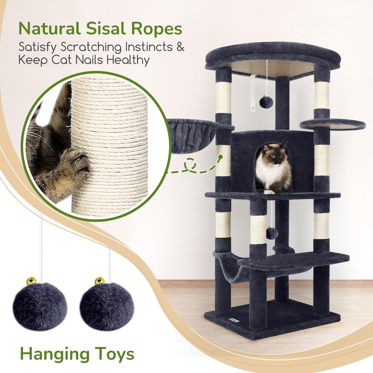 Globlazer Corner Cat Tree Tower with Scratching Post, C51, Dark Grey