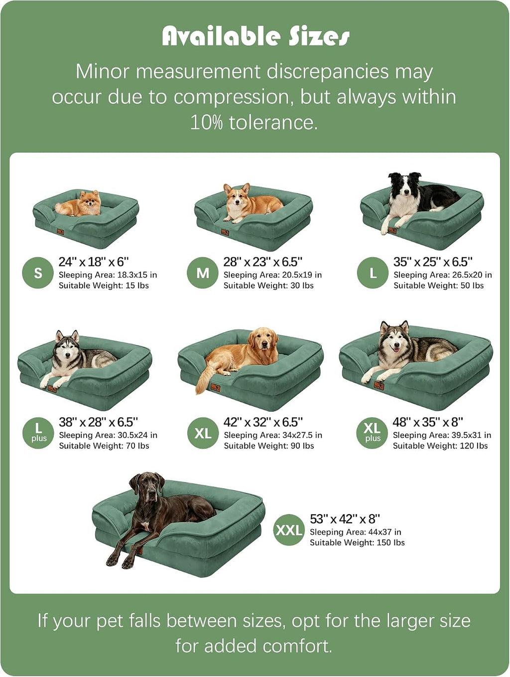 Spotted Play Orthopedic Dog Bed with Sides - Sofa Beds for Extra Large Dogs, Supportive Foam Pet Couch Bed with Washable Removable Cover, Waterproof Lining and Non-Slip Bottom, Green - XXL