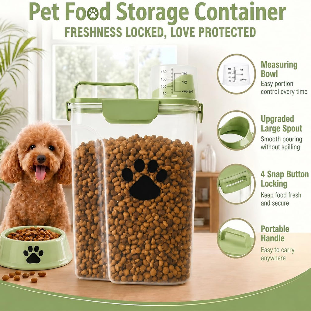 5-7Lbs Dog Cat Food Storage Container with cleaning brush, Measuring Cup,4 Snap Seals, Portable Pet Food Containers with Upgraded Large Nozzle for Dogs,Cats,Birds,Small Animals(Large-Green)