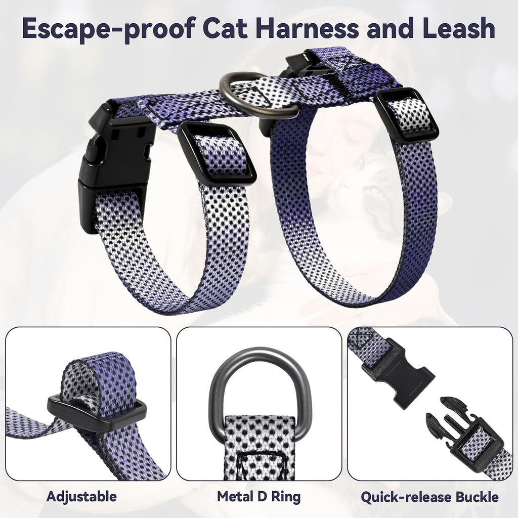 Cat Harness and Leash Set, 3-in-1 Escape Proof Adjustable, Comfortable Soft Lightweight, Safe, Easy to Wear, Walking Travel Kitten Harness for Small Medium Large Cats (Purple)