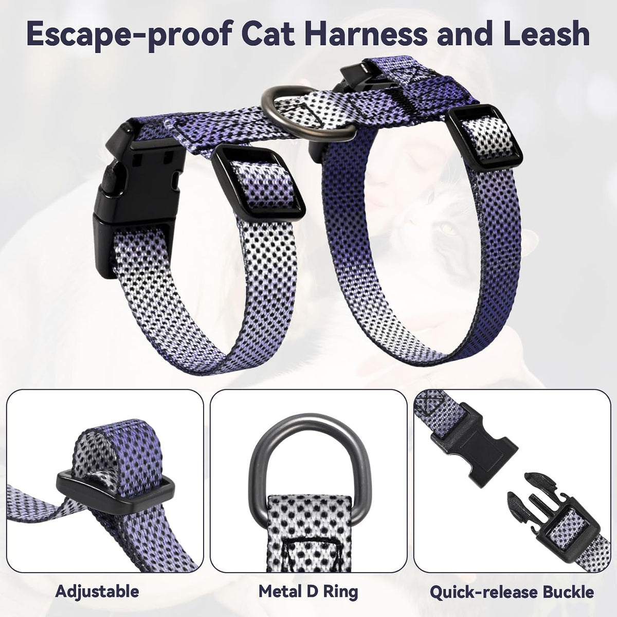 Cat Harness and Leash Set, 3-in-1 Escape Proof Adjustable, Comfortable Soft Lightweight, Safe, Easy to Wear, Walking Travel Kitten Harness for Small Medium Large Cats (Purple)