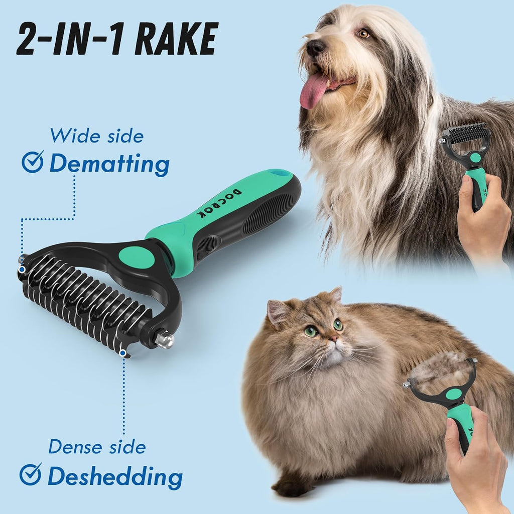 Docrok Pet Grooming Brush and Metal Comb Combo for Dogs & Cats, Green | Dematting Deshedding Undercoat Rake, Cat Brush Dog Brush Shedding Tool for Long Matted Haired Pets