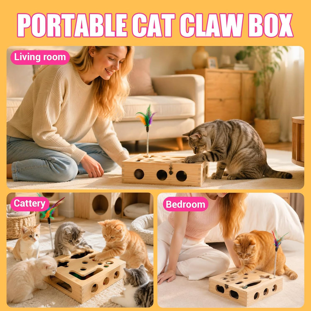 Large Cat Nail File Box, Sturdy Wood with 3 Small Balls & 2 Cat Teaser