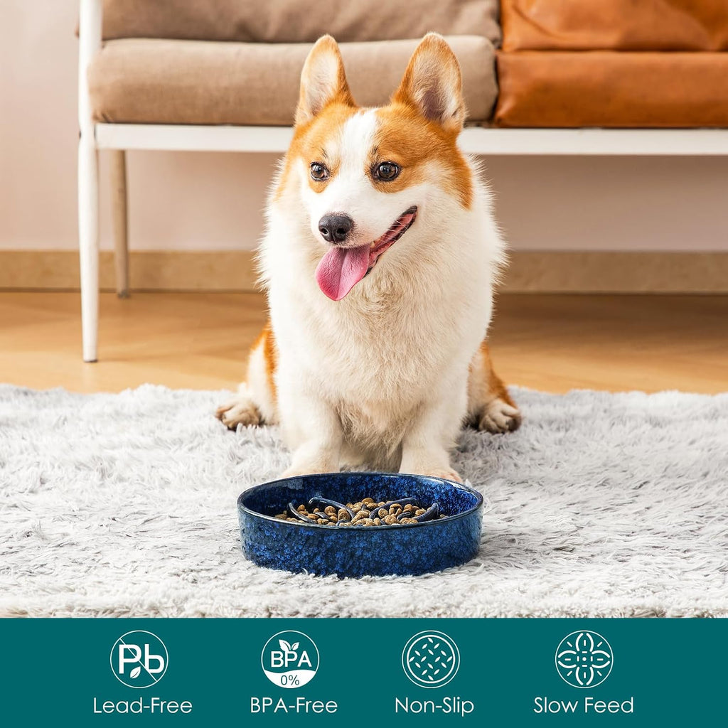 vancasso Ceramic Slow Feeder Dog Bowls, Puzzle Dog Food Bowls with Floral Maze, Anti -Slip Pet Food Dish for Medium Breed, 1.5 Cups, Blue