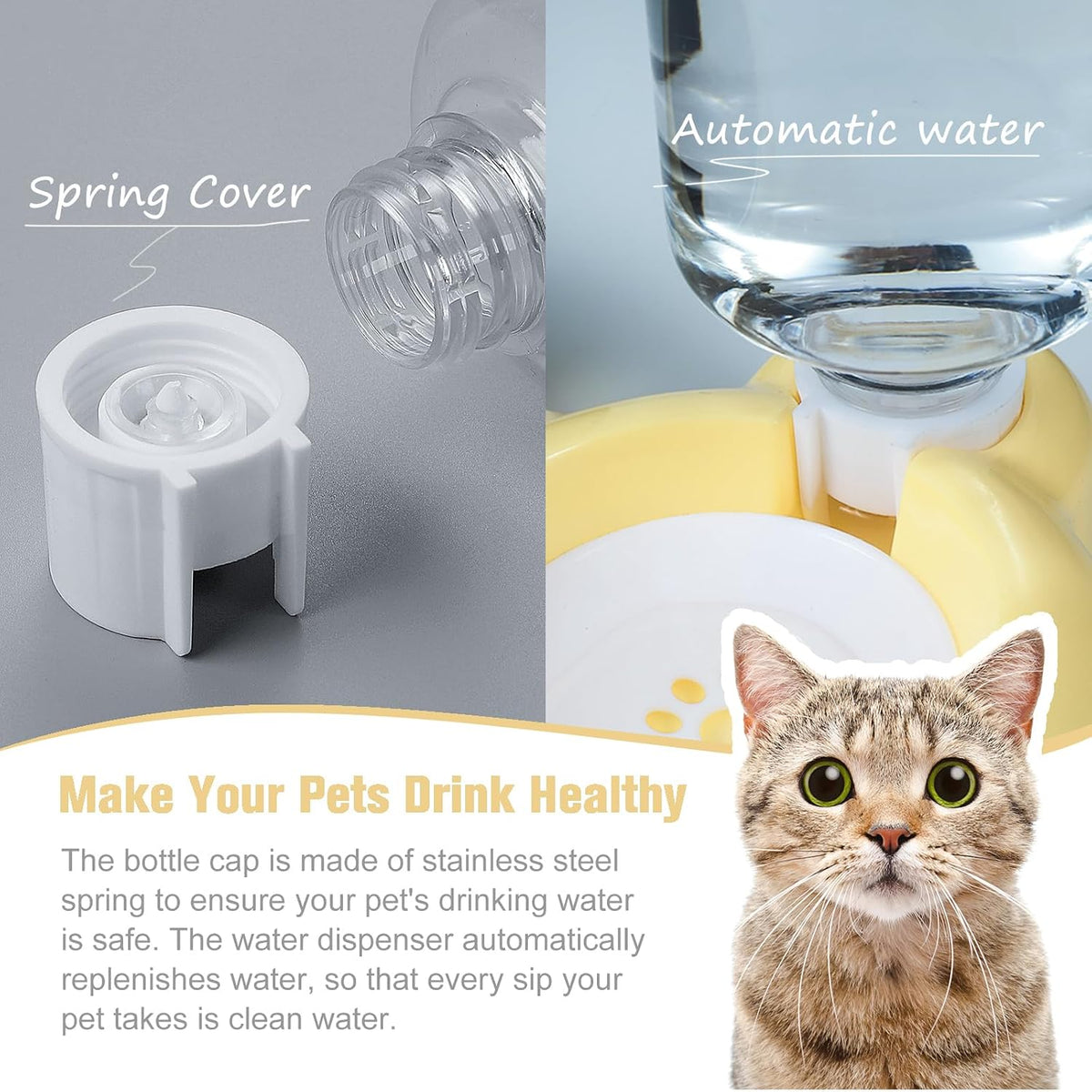 Dog Bowls, Cat Food and Water Bowl Set with Water Dispenser and Stainless Steel Bowl for Cats and Small Dogs - Yellow
