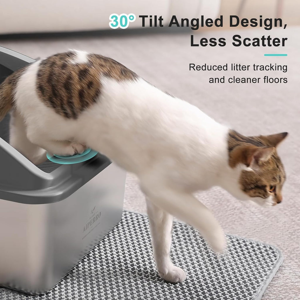 AIPERRO Stainless Steel Litter Box | XXL Deepened 8" Design Metal Cat Box | High Sided with Lid for Big Cats | Anti-Urine Leakage | Non-Stick Bottom & Easy to Clean | Includes Litter Mat & Metal Scoop