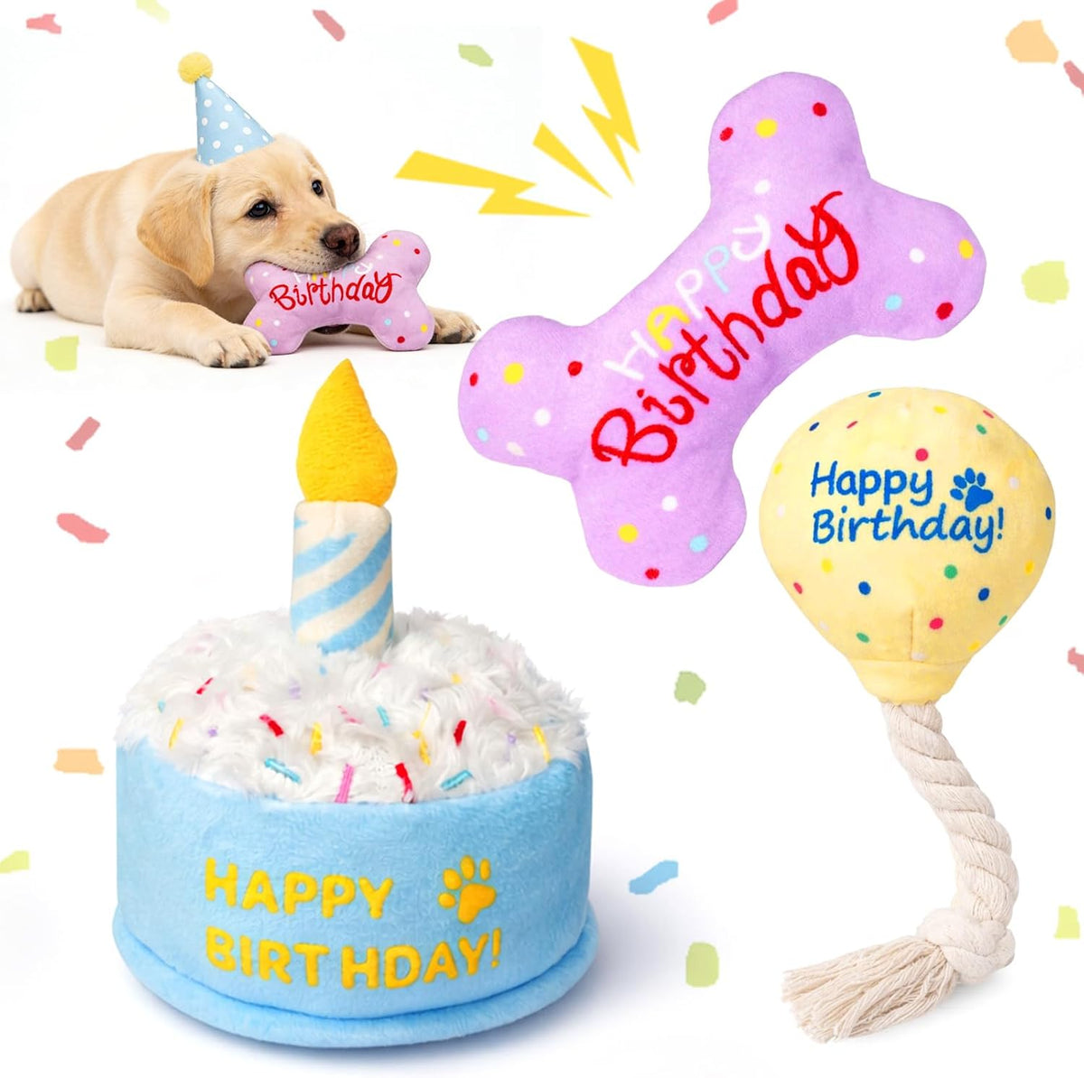 3-Pack Dog Birthday Toys | Crinkle Cake Toy, Rope Balloon and Squeaky Bone, Birthday Gift Set, for Small and Medium Dogs