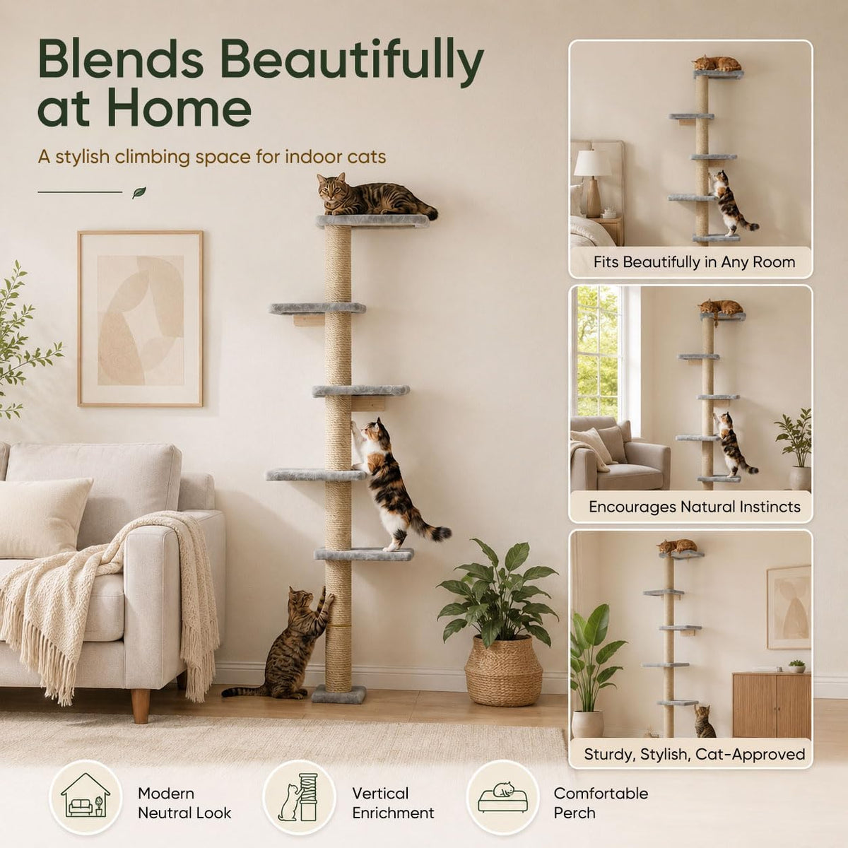 80-Inch Wall-Mounted Cat Tree with Scratching Post & 5 Perches