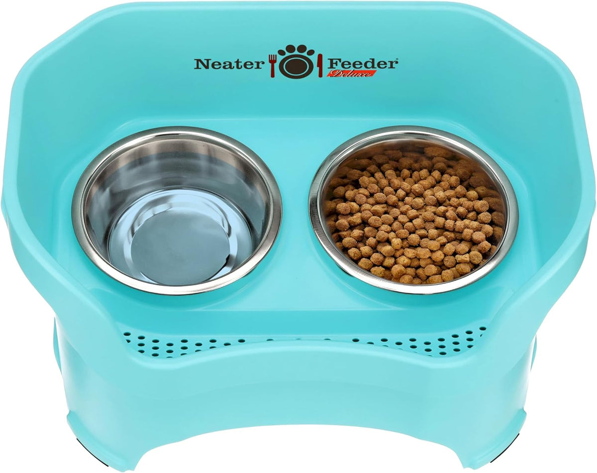 Neater Pet Brands Neater Feeder Deluxe Mess Proof Dog Bowls Elevated for Large Dogs Over 40 lbs, Made in USA, No Spill Raised Dog Food Bowl Stand Feeding Station, Food and Water Bowl Set, Aquamarine 