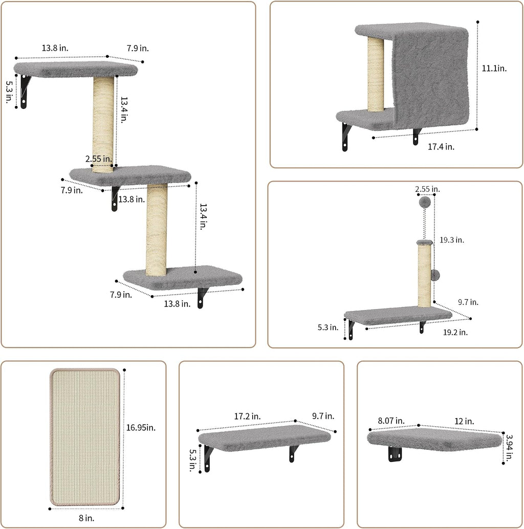 Cat Wall Shelves for Large Cats, Stable & Safe Kitty Walls Furniture Set for 40LBS Cats with Wooden Cat Climber,House, Bridge, Tree, Steps, and Scratcher for 16 Inch Drywall (Grey, 6-in-1)