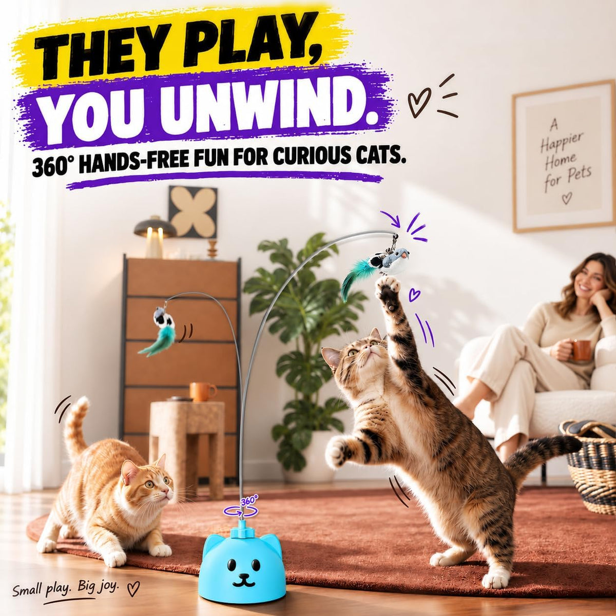 Interactive Cat Toys for Indoor Cats, 360° Automatic Spin Flying Bird Wand