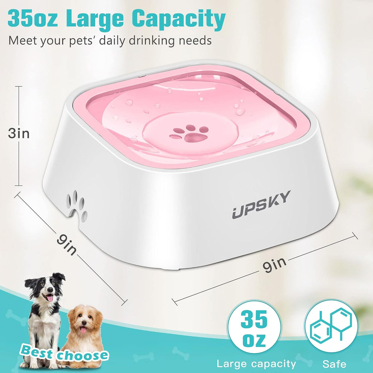 UPSKY 35oz No-Spill Pet Water Bowl, Slow Water Feeder for Dogs and Cats | Splash-Proof Bowls, Slow Drinking Pet Dish, Easy-Clean Dishwasher Safe, Portable For Travel 