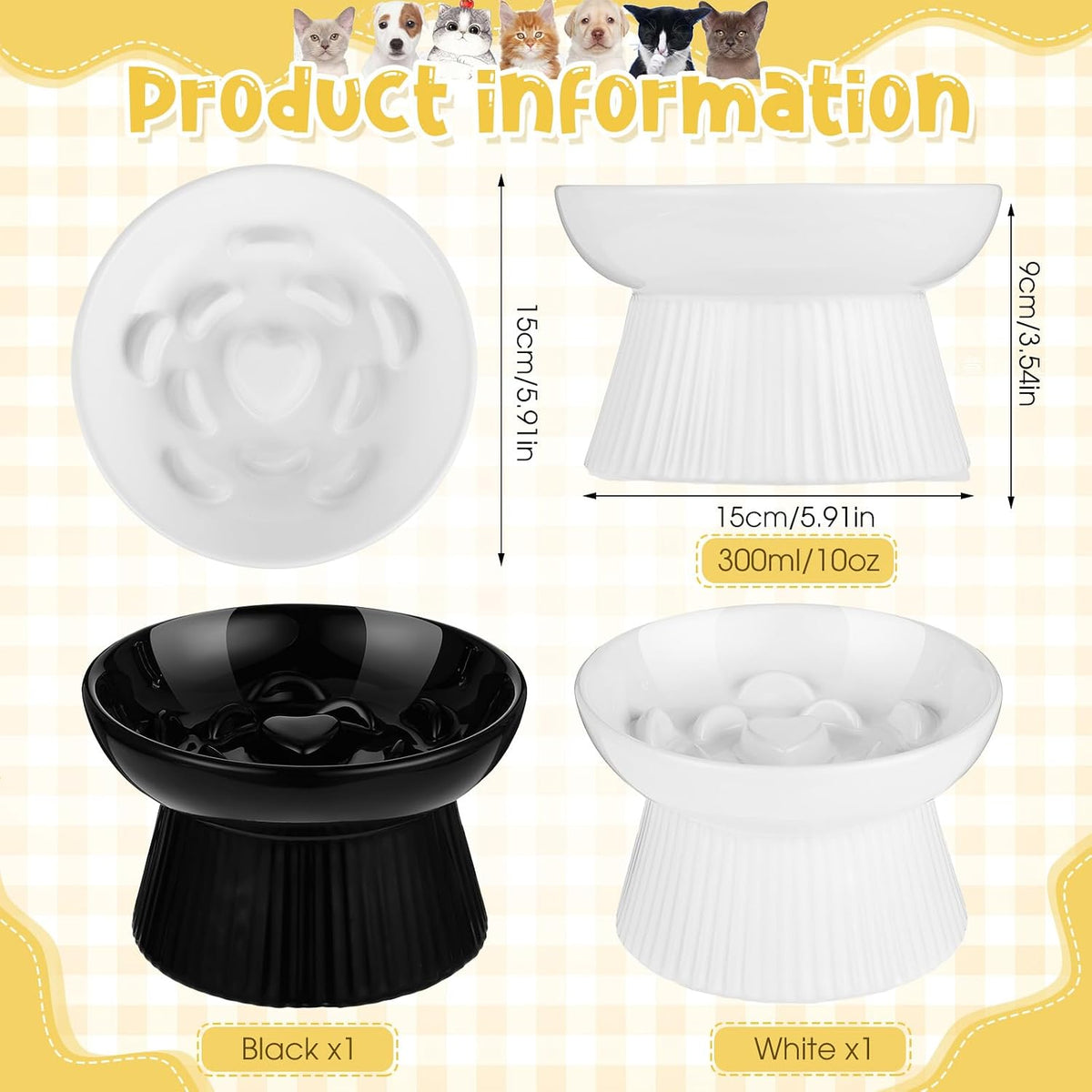 Tioncy 2 Pcs Ceramic Elevated Slow Feeder Cat Bowl, Black, White