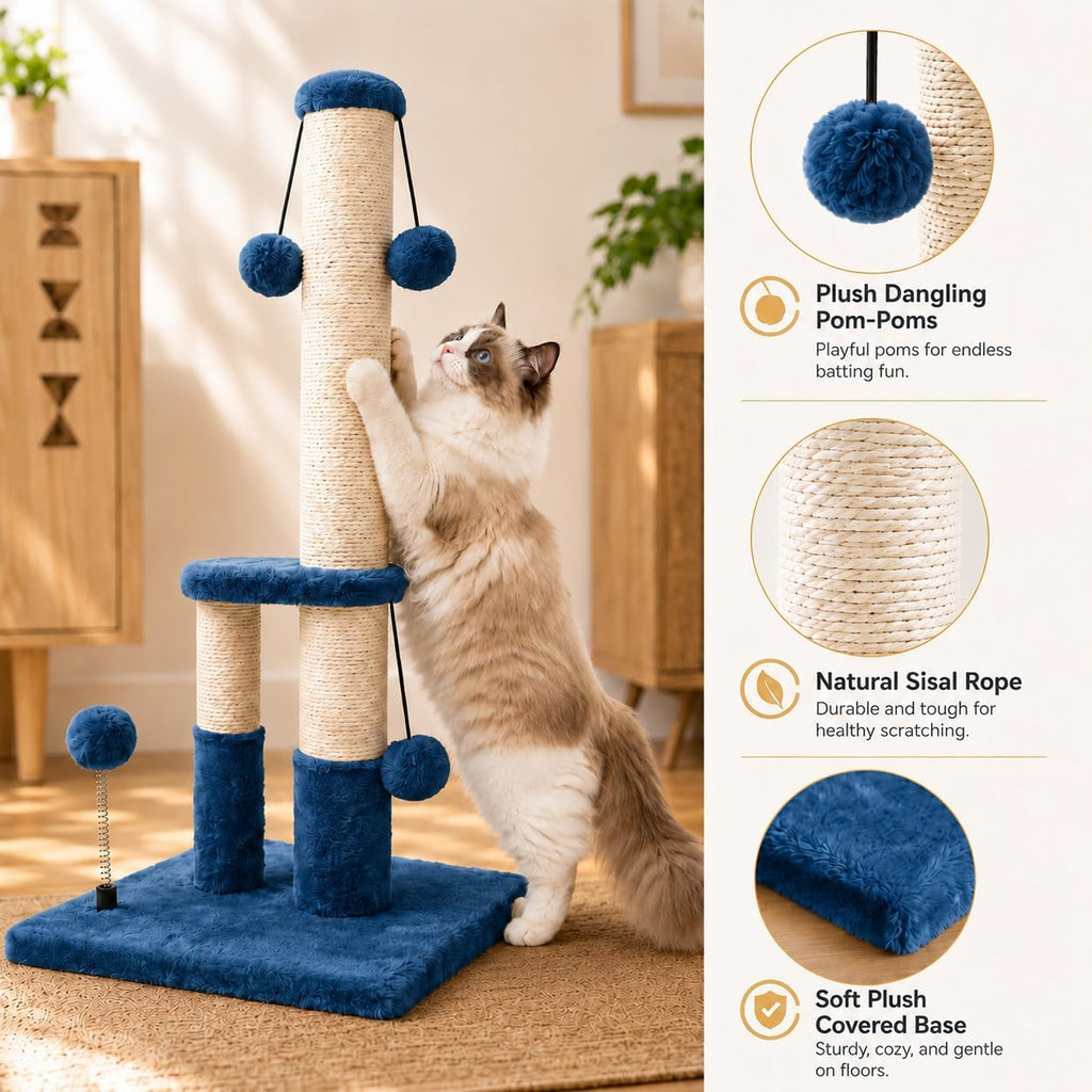 Dimaka Tall Cat Scratching Post, Double Lower Posts Extra Stable Cat Post Tree Scratcher with Sisal Rope and Teasing 4 Balls Total Large Base (Blue)