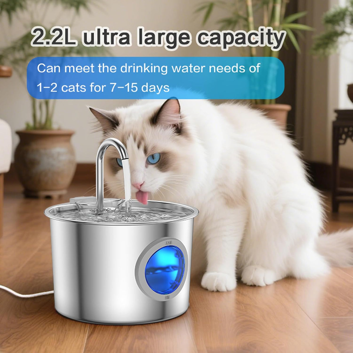 Cat Water Fountain Advanced 304 Stainless Steel 2.2L/74oz with Detachable Tank, Easy to Clean, Automatic Pet Fountain Quiet Cats Water Dispenser (Fountain+ 6 Filters +12 Sponges)