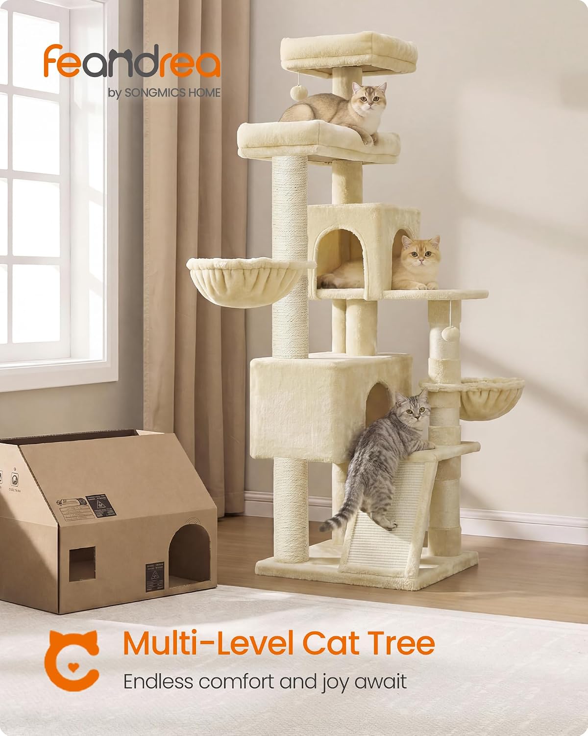 Feandrea Cat Tree, 68.5-in Tall Cat Tower, Multi-Level Condo, Beige