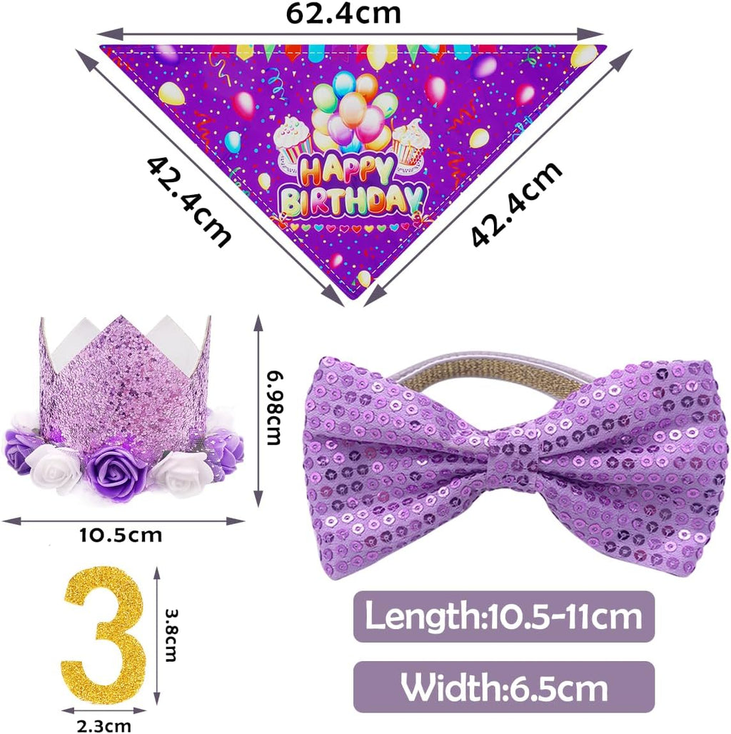 PET SHOW Dog Birthday Party Favors Decorations Purple Crown Hats with Bandana and Collar Bowties Charms Costume Set Puppy Cat Celebration Outfit with 0-9 Figures Banner & Ballons Grooming Accessories