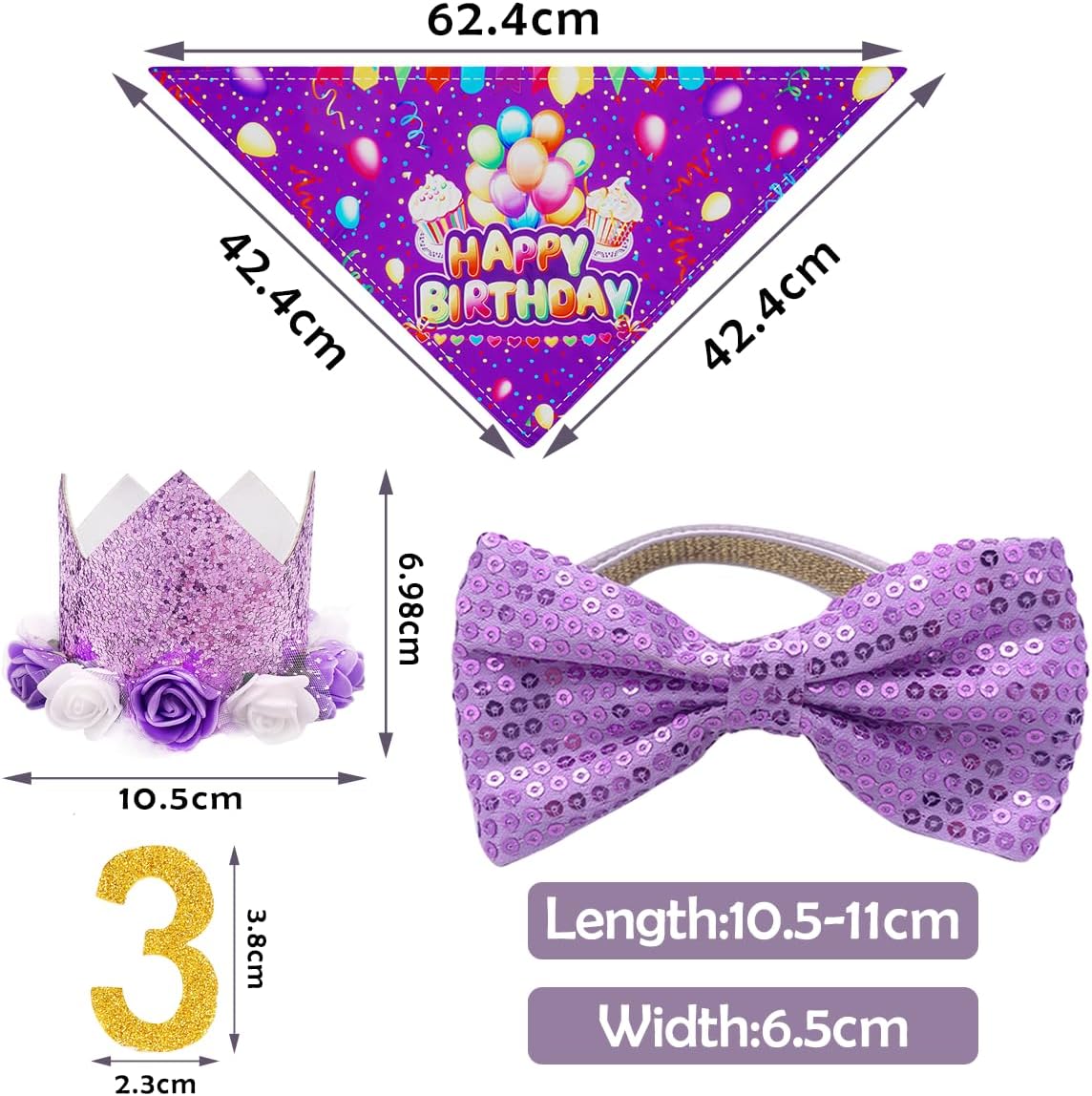 PET SHOW Dog Birthday Party Favors Decorations Purple Crown Hats with Bandana and Collar Bowties Charms Costume Set Puppy Cat Celebration Outfit with 0-9 Figures Banner & Ballons Grooming Accessories