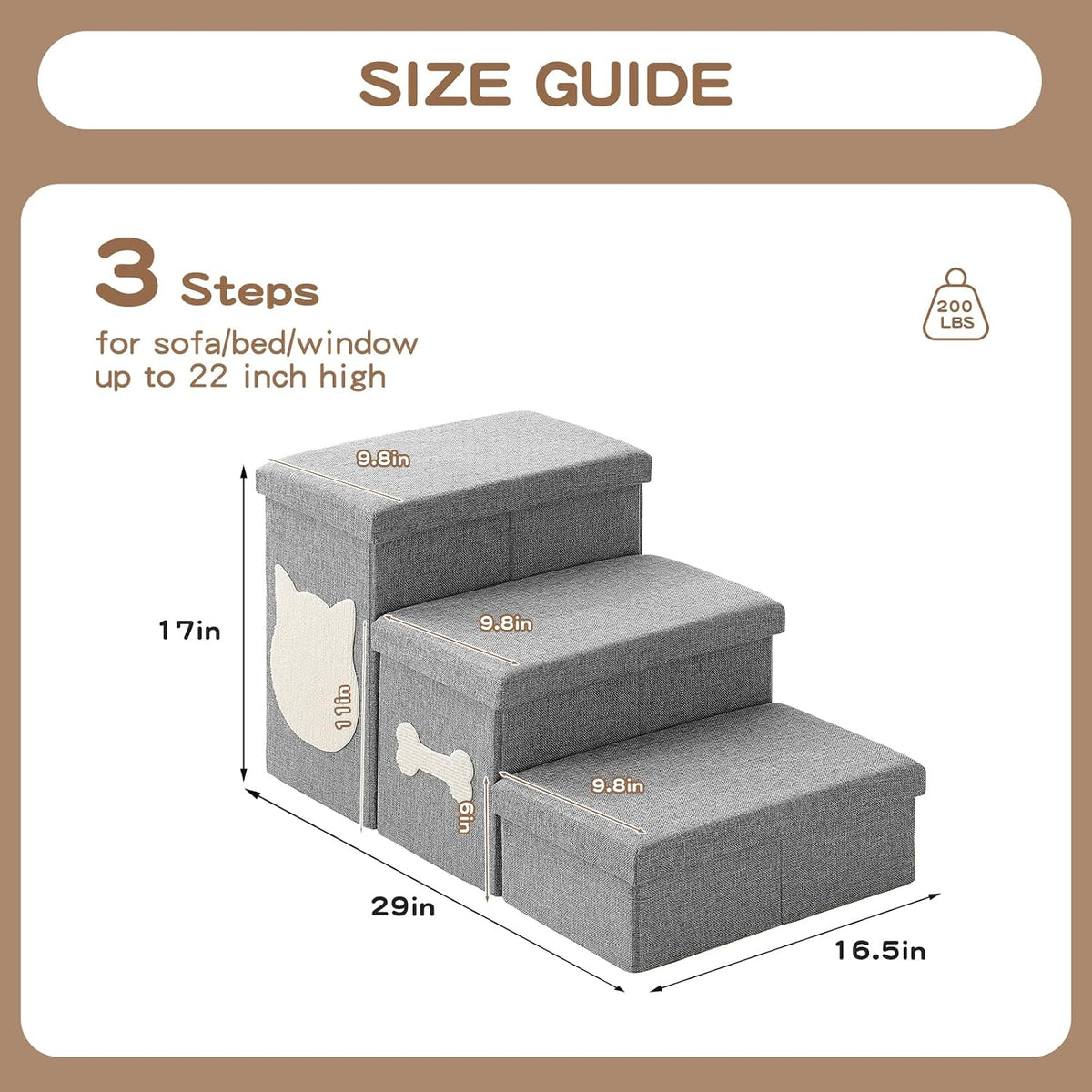 3-Step Dog Stairs for Small Dogs, Folding Dog Steps for Bed, Grey