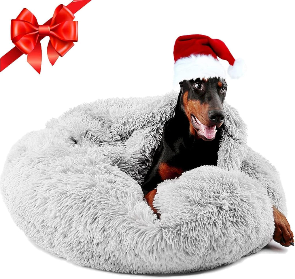 Himax Covered Large Dog Bed with Blanket Attached Calming Burrow Light Grey